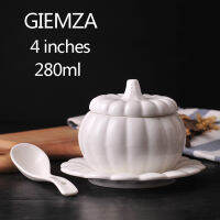 GIEMZA White Pumpkin Bowl with Lid Jingdezhen Ceramics Alien Stew Pot Jar Mini Can for Soup Container Sauce Boat