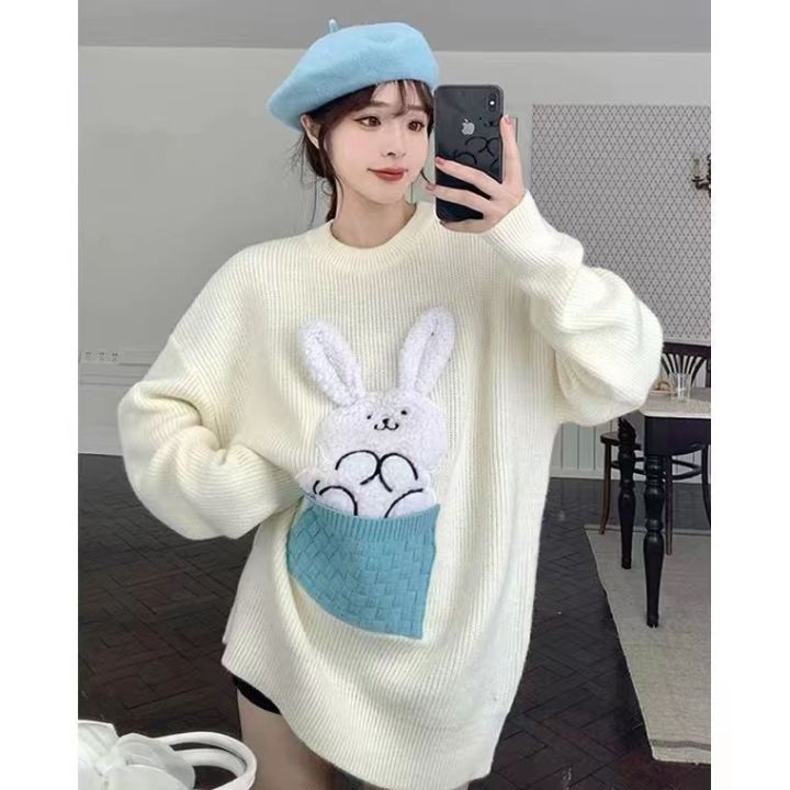 2022ใหม่3d-กระต่ายเสื้อกันหนาวเสื้อญี่ปุ่นหลวมเสื้อถักอเนกประสงค์ย้อนยุครอบคอฤดูใบไม้ร่วงฤดูหนาวด้านบนผู้หญิง