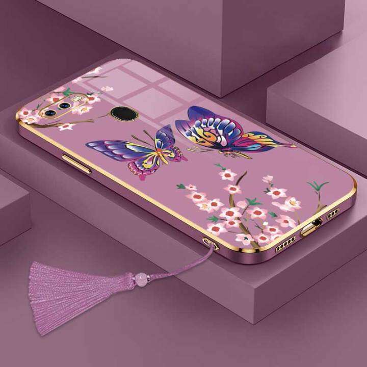 เคสสำหรับโทรศัพท์-oppo-a7-oppo-a12-oppo-a11k-a5s-oppo-ผีเสื้อสวยหรูหราพร้อมกล้องดอกไม้เคสโทรศัพท์ขอบชุบเคสนิ่มซิลิโคนพร้อมฟรีสายคล้อง