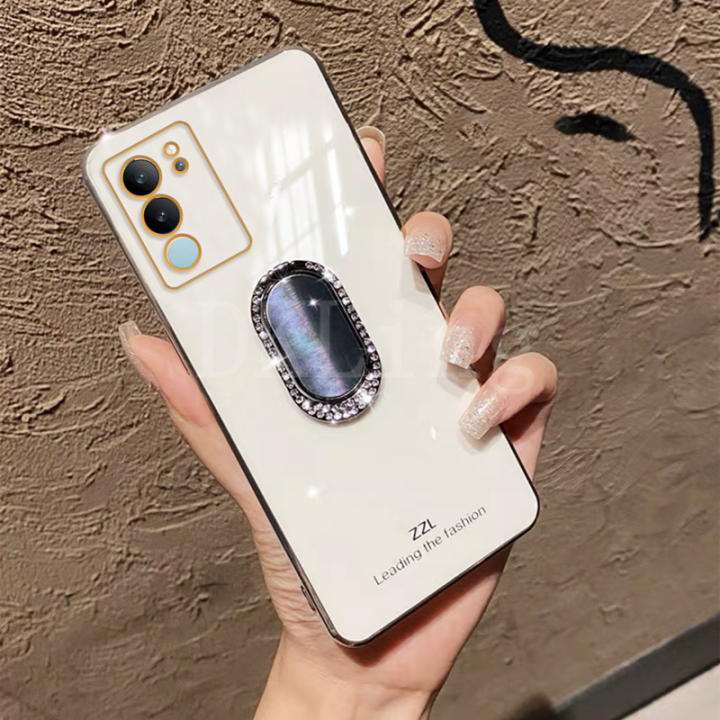 ใหม่ปลอกอ่อนวิโว-v29-5g-เคลือบอิเล็กโตรไฟฟ้าปกป้องเลนส์อย่างหรูหราเคสโทรศัพท์-v29วีโว่ฝาหลัง-vivov29-5g-พร้อมที่วางลวดดัดฟันเพชรระยิบระยับ