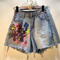 European station 2021 summer wear European new heavy industry diamond beaded cross high waist elastic denim shorts