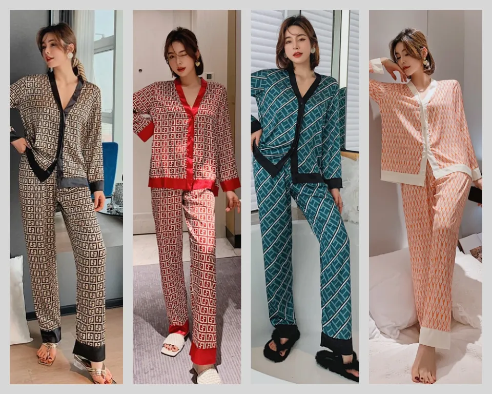 Autumn Women's pajamas set Poker Pattern Sleepwear Brown Color Long-sleeved  Silk Like Nightie Luxury Home Clothes Nightwear Set