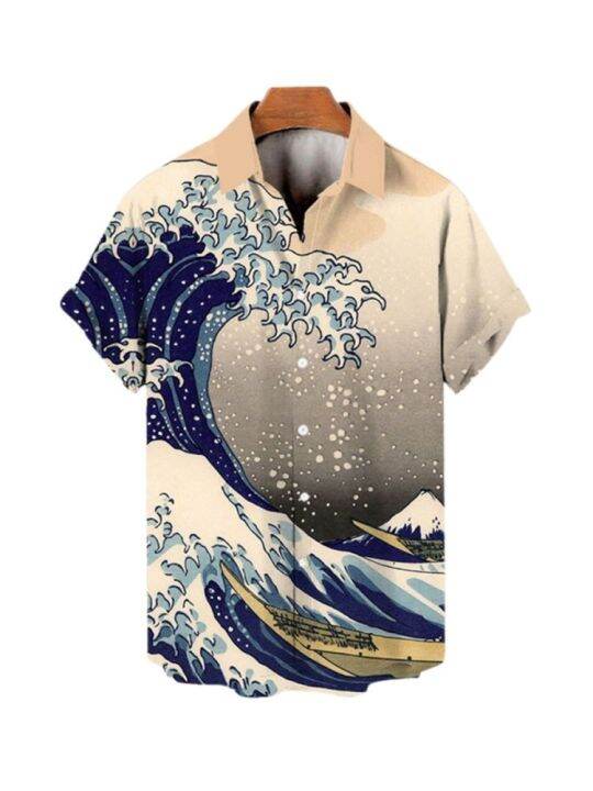เสื้อเชิ้ตฮาวายสำหรับผู้ชายโอเวอร์ไซส์ฤดูร้อนเสื้อชายหาดฮาราจูกุลายคลื่นอนิเมะสไตล์แฟชั่นสำหรับผู้ชาย