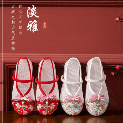 Hanfu รองเท้าเด็กผู้หญิงทำมือปักรองเท้าสไตล์จีนพื้นนุ่มรองเท้าผ้าวินเทจ