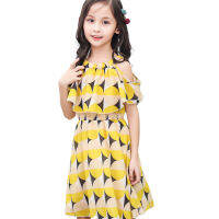 Sundress ผ้าชีฟองสำหรับเด็กผู้หญิงบางเฉียบเปิดไหล่ฤดูร้อนเส้นใยโพลีเอสเตอร์เดรสผ้าฝ้ายเด็กหญิงสำหรับการช้อปปิ้ง