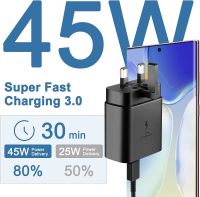 เริ่มต้นใหม่ Samsung เดิม45W Adaptor Traveling 5A Super Fast Charge PD 3.0ที่ชาร์จความเร็วสูง USB-C ปลั๊ก UK อะแดปเตอร์สำหรับ Samsung ผนัง Samsung S23 Galaxy S21 S22 S20 S20พิเศษ + Note 20 10กับสายเคเบิล Type-C USB 5A