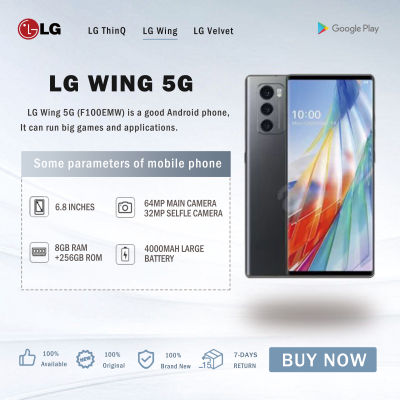 LG WING 5G โทรศัพท์มือถือ ปีก   ปลดล็อคโทรศัพท์มือถือหน้าจอคู่ขนาด6.8 8GB + 256GB Snapdragon 765สมาร์ทโฟนระบบ NFC ของ Android