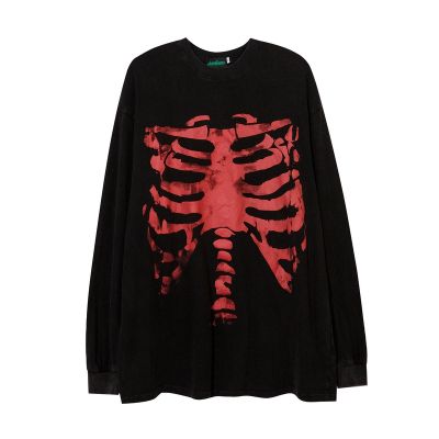 Mens Street T-shirt Gothic Style Bones Printed T-shirt  Harajuku Cotton Casual T-shirt Fall Washed Long Sleeve Mens Shirts
