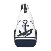 Nautical Blue Anchor Crossbody Sling Bags SmallChest Bag Marine Stripe Shoulder Backpack Daypack Travel Hiking Sports Satchel Running Belt