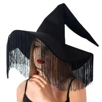 Women Witch Hats Large Ruffle Trim Tassel Witch Hat for Halloween Masquerade School Cosplay Theme Party