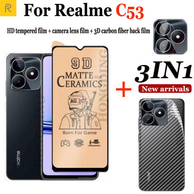 3IN ฟิล์มเซรามิกเคลือบนิ่มแบบเต็มหน้าจอ Realme C53 1ชุด OPPO + สติ๊กเกอร์สกีนด้านหลังเลนส์กล้องถ่ายรูป + แผ่นฟิล์มด้านหลังคาร์บอนไฟเบอร์