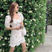 Bohemian square collar dress dress female hubble-bubble sleeve white women temperament elegant floral skirt falbala sleeves