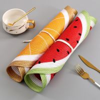 【CC】☋✈✙  Watermelon Lemon Drink Coasters Woven Round Placemat Cartoon Fruit Dining Table Plate Accessories