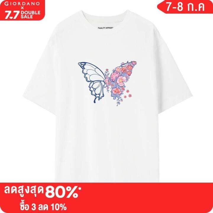 giordano-women-lion-dance-series-t-shirts-butterfly-print-fashion-tee-short-sleeve-crewneck-cotton-summer-casual-tops-99393016