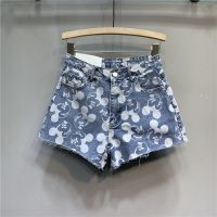 กางเกงขาสั้น Mickey Print Raw Edge Denim Shorts Womens Summer High Waist Elastic Washed Wide Leg A-Line Hot Pants