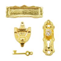 1:12 Miniature Gold Door Ring Lock Door Set Alloy Retro House Miniature Door Lock Doll House Furniture Accessories for Doll House Decoration