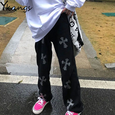 2021Casual Print Harajuku Korean Style Baggy Pants Women Streetwear Straight Hip Hop Trousers Female Loose Elastic High Waist Pants