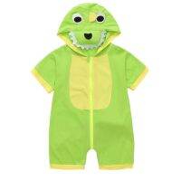 【Ready】? Childrens one-piece pajamas summer cotton thin section 2023 new hooded sleeping bag boys and girls baby dinosaur home clothes