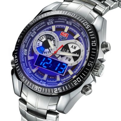 Relogio Masculino นาฬิกาสแตนเลสสตีลแบรนด์ TVG หรู LED สีฟ้าทหารกันน้ำสำหรับผู้ชายของขวัญนาฬิกาข้อมือดิจิทัลกีฬา