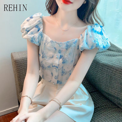 REHIN เสื้อเชิ้ตแขนสั้นลายดอกไม้ของผู้หญิง,เสื้อเบลาส์อินเทรนด์รุ่นใหม่สไตล์เกาหลี