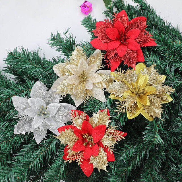 12pcs/PACK 15cm Artificial Christmas Flowers Glitter Fake Flowers Merry