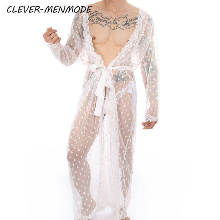 clever-menmode-ผู้ชายเซ็กซี่ชุดยาวซีทรูใสนอนสวมเสื้อคลุมอาบน้ำชุดปรับทองชุดชั้นในที่แปลกใหม่2ชิ้น