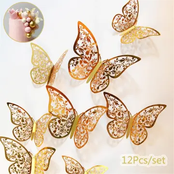12PCS 3D Butterfly Gold Hollow Baking Cake Topper Metal Texture