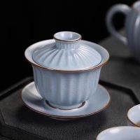 Jingdezhen ถ้วยน้ำชาเซรามิกเคลือบเค้ก Gaiwan จีนถ้วยเตาเผาที่ปกคลุมชุดทูรีนถ้วยน้ำชากงฟู