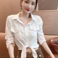 สีขาวเสื้อเชิ้ตเสื้อเบลาส์ลำลองแขนยาวสำหรับผู้หญิงแฟชั่นสไตล์เกาหลีแบบเรียบง่ายเสื้อผู้หญิง2023