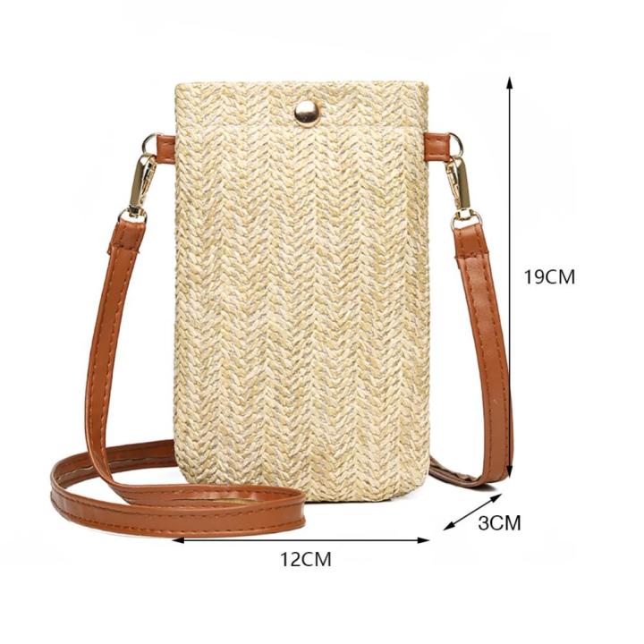 กระเป๋าถักสะพายไหล่ชายหาดมือเมสเซนเจอร์ฟางขนาดเล็กสำหรับผู้หญิงกระเป๋าเงินใส่โทรศัพท์ฤดูร้อน
