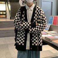 Cardigans Checkerboard Plaid Sweater Mens Sports Casual Loose Cardigan Autumn Winter Single-breasted Long Sleeves Jacket Tops