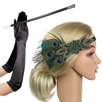 1920S Flapper อุปกรณ์เสริม Feather Headband ถุงมือผู้ถือ3แพ็ค Great Gatsby Party เครื่องแต่งกายชุดอุปกรณ์เสริมสำหรับผู้หญิง