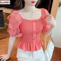 Summer Puff Sleeve Corset Tops Women 2022 Fashion Short Sleeve Casual White Black Blouses Sexy Slim Hollow Out Blusas Mujer Y2k