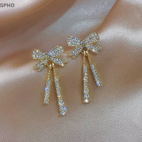 SPHO 1คู่ bowknot ประณีต zircon ตุ้มห้อยพู่ต่างหูแสงหรูหราสตั๊ดหูสำหรับผู้หญิงเครื่องประดับแฟชั่นเงางามของขวัญวันเกิดปาร์ตี้