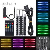 Justech 12V ไฟภายในรถ RGB 7สี9 SMD LED Strip Light Kit จัดแต่งทรงผมรถตกแต่งบรรยากาศไร้สาย Music