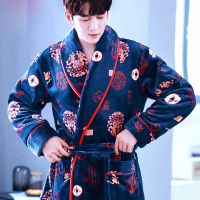 Soft Robe Male Long Bathrobe Winter Warm Coral Fleece Mens Nightgown Kimono Floral Dressing Gown Sleepwear Home Clothes Pijamas