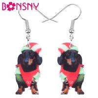 Bonsny อะคริลิคหมวกคริสต์มาสเครื่องแต่งกาย Dachshund Dog ต่างหู Drop Dangle สัตว์เครื่องประดับสำหรับหญิงสาววัยรุ่น Party ของขวัญอุปกรณ์เสริม