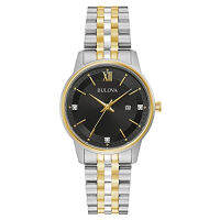 Bulova Ladies Classic Diamond Two-Tone Gold Stainless Steel 3-Hand Calendar Date Quartz Watch Black Dial