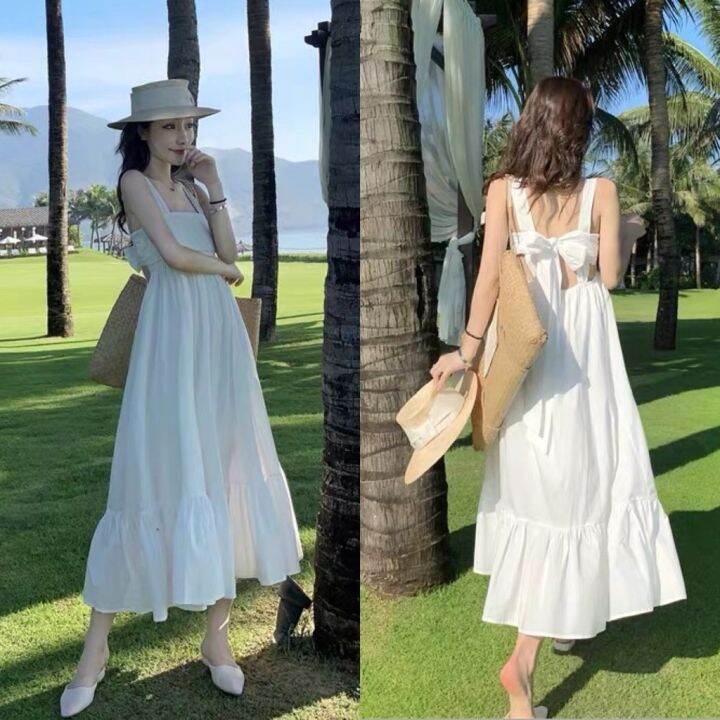 Maxi Dress แม็กซี่เดรสสายเดี่ยว เดรสยาวสายเดี่ยวสีขาว เดรสขาว ชุดไปทะเล |  Lazada.Co.Th