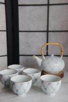 Tachikichi Tea Set Japanese ware ชุดกาเนื้อบางสีขาวลายตาข่าย ของแท้หายากจากญี่ปุ่น