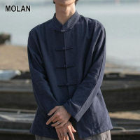 MOLAN เสื้อเชิ้ตชาย แขนยาว-เสื้อสไตล์จีนแขนยาวปกตั้งเสื้อเชิ้ตลำลอง