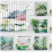 Lotus Bamboo Shower Curtains Green Leaves Nature Landscape Ink Painting Chinese Style Fabric Print Bathroom Decor Bath Curtain