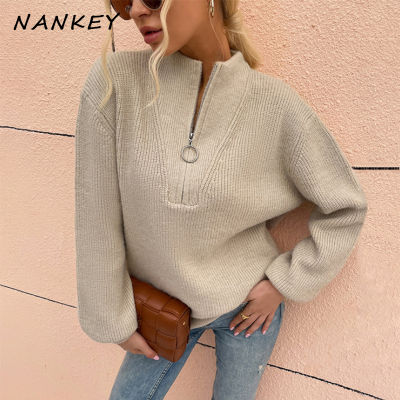 NANKEY Women Sweater Autumn Tops for Women Solid Zipper Neck Knitted Sweaters Women Clothing Female 2021 OL