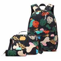 【LZ】◑  Mochilas escolares impermeáveis para meninas mochila de flores mochila de ombro adolescente criança com estojo preto 3 pçs/set 2023