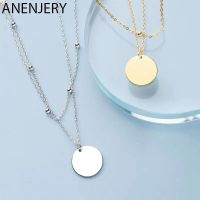 ANENJERY Silver Color Double Layer Round Disc Pendant Necklace Gold Color Bead Chain Charm Necklace For Women Jewelry S-N574