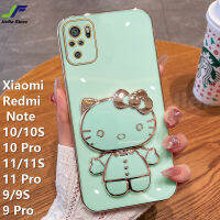 JieFie Hello Kitty เคสโทรศัพท์สำหรับ Xiaomi Redmi Note 10S / 10 / 10 Pro/11S / 11 Pro / 9 / 9S / 9 Pro เคสกระจกแต่งหน้าตุ๊กตาน่ารักชุบโครเมี่ยมสุดหรูแบบนิ่มฝาครอบพร้อมตัวยึดด้านหลัง