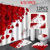 4Pcs Rose Petal Print Bathroom Decor Mildew proof Waterproof Shower Curtain Non Slip Bathroom Pedestal Rug Toilet Lid Cover