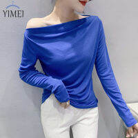 YIMEI สีฟ้าด้านบน2022ฤดูใบไม้ร่วงสวมใส่แฟชั่นใหม่และการจับคู่ที่ทันสมัยฐานเสื้อสีทึบหนึ่งบรรทัดคอแขนยาวสตรี Tee