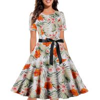 【Feb】 Woman Retro Vintage Dresses 1950s 60s Rockabilly Floral Bow Pinup Ball Grown Party Dress Elegant Short Sleeve Robe Vestidos