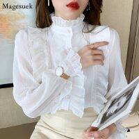 Korean Women Elegant Chiffon Shirt and Blouses Chic Long Sleeve Lace Ruffles Stand Collar Casual Loose White Tops Woman 13433